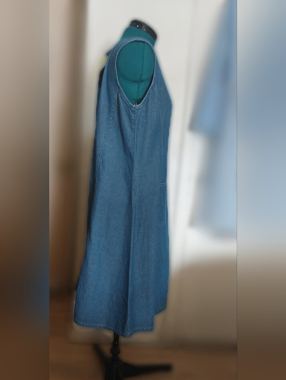 Denim Sleeveless Pinafore Dress in Deep Blue